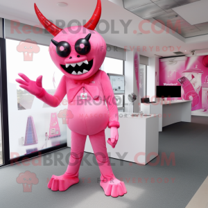 Pink Devil mascot costume character dressed with a Bikini and Tie pins