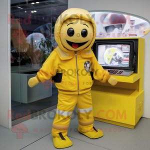Yellow Television mascot costume character dressed with a Bomber Jacket and Gloves