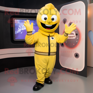 Yellow Television mascot costume character dressed with a Bomber Jacket and Gloves