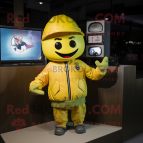 Yellow Television mascot costume character dressed with a Bomber Jacket and Gloves