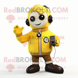 Yellow Television mascot costume character dressed with a Bomber Jacket and Gloves