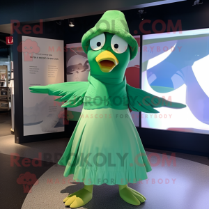 Green Seagull mascot costume character dressed with a Wrap Skirt and Caps