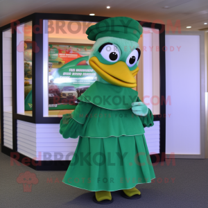 Green Seagull mascot costume character dressed with a Wrap Skirt and Caps