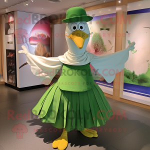 Green Seagull mascot costume character dressed with a Wrap Skirt and Caps