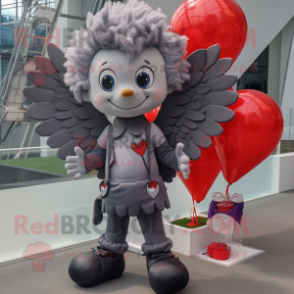 Gray Cupid mascot costume character dressed with a T-Shirt and Shoe laces