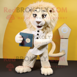 Cream Tamer Lion mascot costume character dressed with a Dress and Wallets