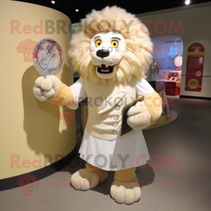 Cream Tamer Lion mascot costume character dressed with a Dress and Wallets