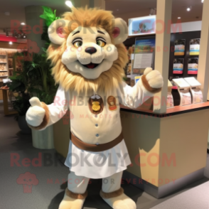 Cream Tamer Lion mascot costume character dressed with a Dress and Wallets