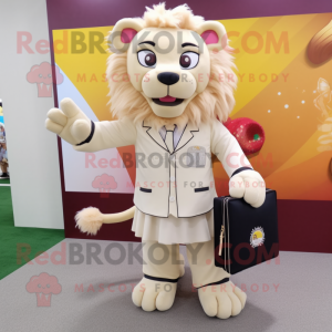 Cream Tamer Lion mascot costume character dressed with a Dress and Wallets