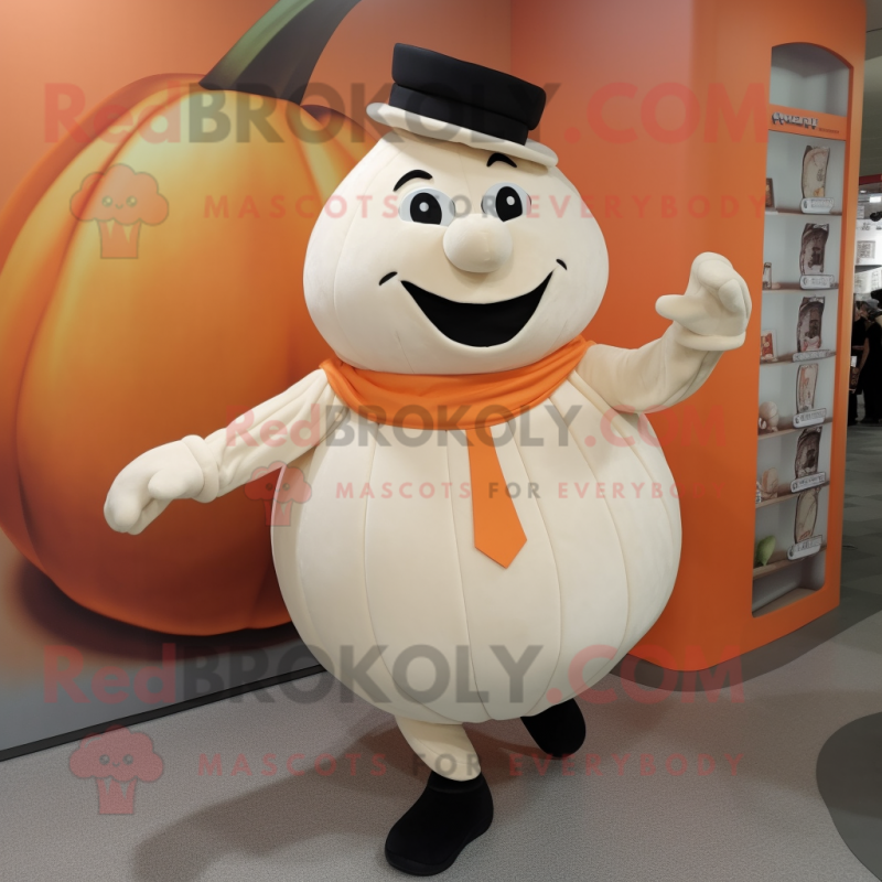 Cream Pumpkin mascot costume character dressed with a Trousers and Shoe clips