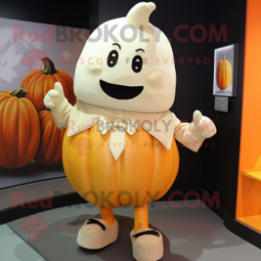 Cream Pumpkin mascot costume character dressed with a Trousers and Shoe clips