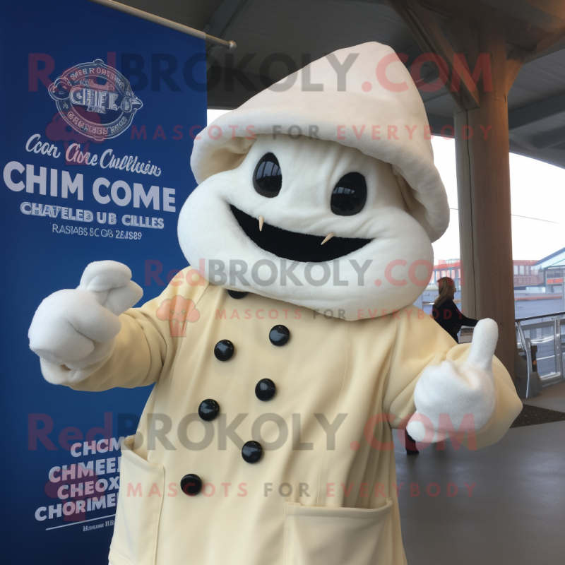 Cream Clam Chowder mascot costume character dressed with a Jacket and Gloves