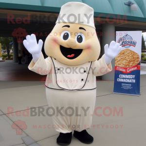 Cream Clam Chowder mascot costume character dressed with a Jacket and Gloves