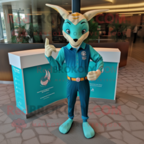 Turquoise Gazelle mascot costume character dressed with a Rash Guard and Pocket squares