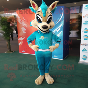 Turquoise Gazelle mascot costume character dressed with a Rash Guard and Pocket squares