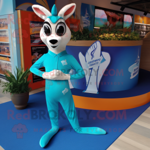 Turquoise Gazelle mascot costume character dressed with a Rash Guard and Pocket squares