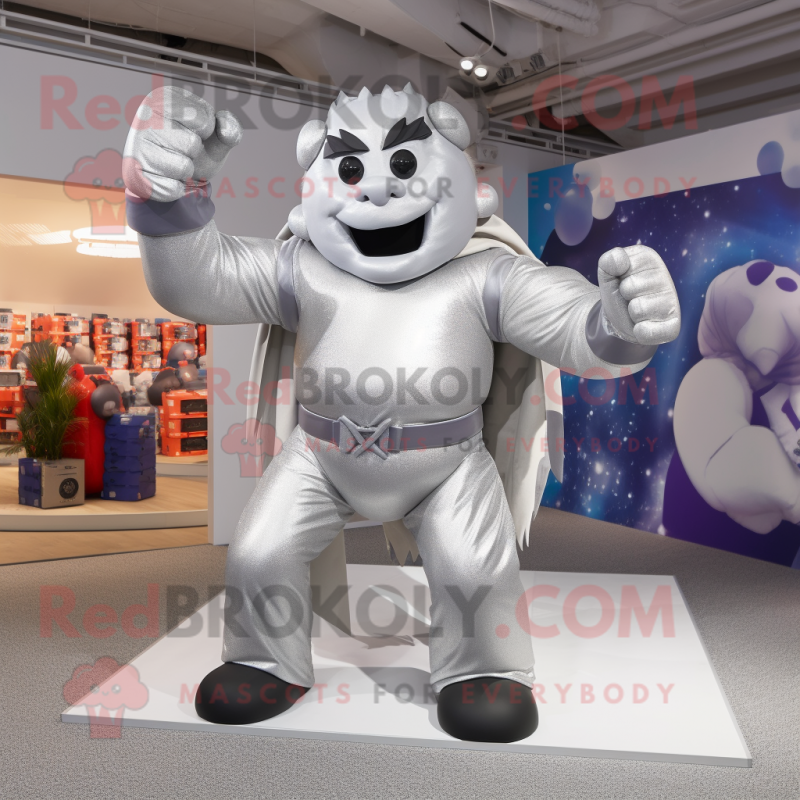 Silver Strongman mascot costume character dressed with a Maxi Dress and Mittens