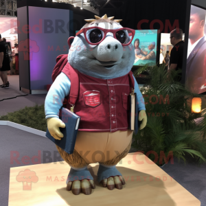 Maroon Glyptodon mascot costume character dressed with a Chambray Shirt and Eyeglasses