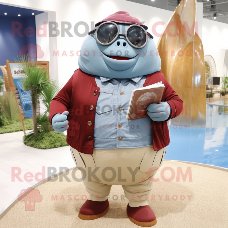 Maroon Glyptodon mascot costume character dressed with a Chambray Shirt and Eyeglasses Maroon Glyptodon mascot costume character dressed with a Chambray Shirt and Eyeglasses