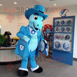 Sky Blue Horseshoe mascot costume character dressed with a Suit Jacket and Coin purses