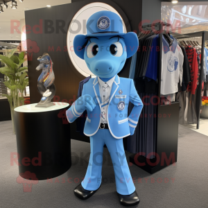 Sky Blue Horseshoe mascot costume character dressed with a Suit Jacket and Coin purses