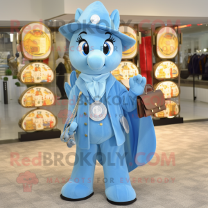 Sky Blue Horseshoe mascot costume character dressed with a Suit Jacket and Coin purses