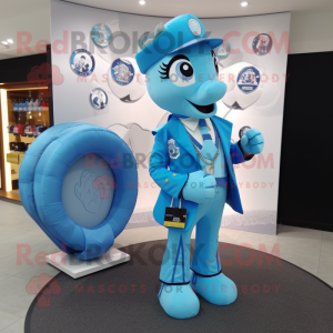 Sky Blue Horseshoe mascot costume character dressed with a Suit Jacket and Coin purses