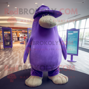 Purple Walrus mascot costume character dressed with a Jeggings and Hats
