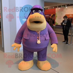 Purple Walrus mascot costume character dressed with a Jeggings and Hats