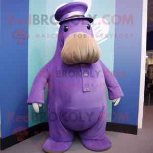 Purple Walrus mascot costume character dressed with a Jeggings and Hats