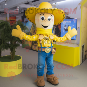 Yellow Cowboy mascot costume character dressed with a Dungarees and Bracelets