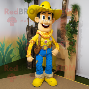 Yellow Cowboy mascot costume character dressed with a Dungarees and Bracelets