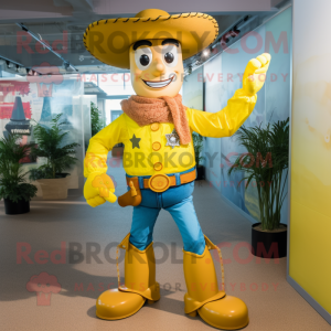 Yellow Cowboy mascot costume character dressed with a Dungarees and Bracelets