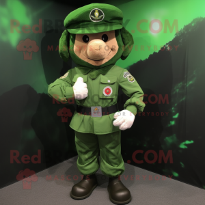 Forest Green Commando mascot costume character dressed with a Bodysuit and Berets