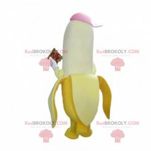 Mascote banana com boné e fantasia de fruta gigante -