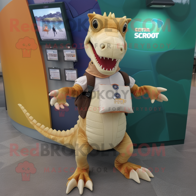 Beige Spinosaurus mascot costume character dressed with a Graphic Tee and Wallets