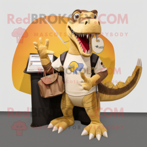 Beige Spinosaurus mascot costume character dressed with a Graphic Tee and Wallets