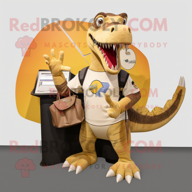 Beige Spinosaurus mascot costume character dressed with a Graphic Tee and Wallets Beige Spinosaurus mascot costume character dressed with a Graphic Tee and Wallets