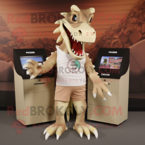 Beige Spinosaurus mascot costume character dressed with a Graphic Tee and Wallets