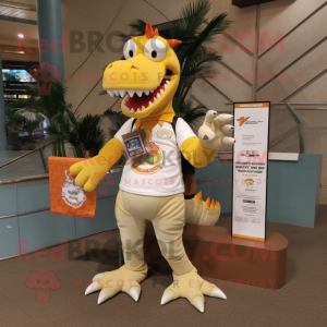 Beige Spinosaurus mascot costume character dressed with a Graphic Tee and Wallets