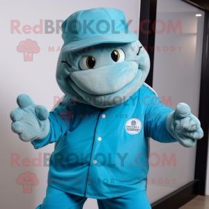 Cyan Turtle mascot costume character dressed with a Hoodie and Hat pins