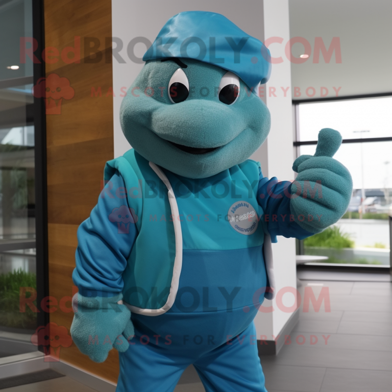 Cyan Turtle mascot costume character dressed with a Hoodie and Hat pins Cyan Turtle mascot costume character dressed with a Hoodie and Hat pins