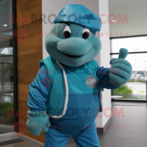 Cyan Turtle mascot costume character dressed with a Hoodie and Hat pins