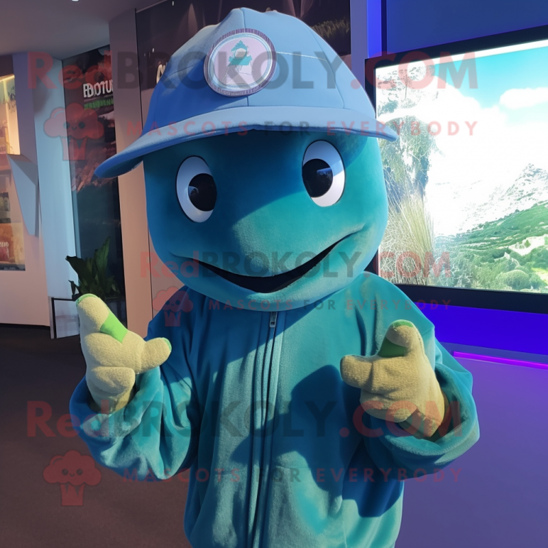 Cyan Turtle mascot costume character dressed with a Hoodie and Hat pins