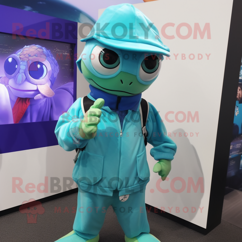 Cyan Turtle mascot costume character dressed with a Hoodie and Hat pins