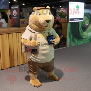 Beige Capybara mascot costume character dressed with a Cargo Shorts and Smartwatches