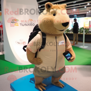 Beige Capybara mascot costume character dressed with a Cargo Shorts and Smartwatches