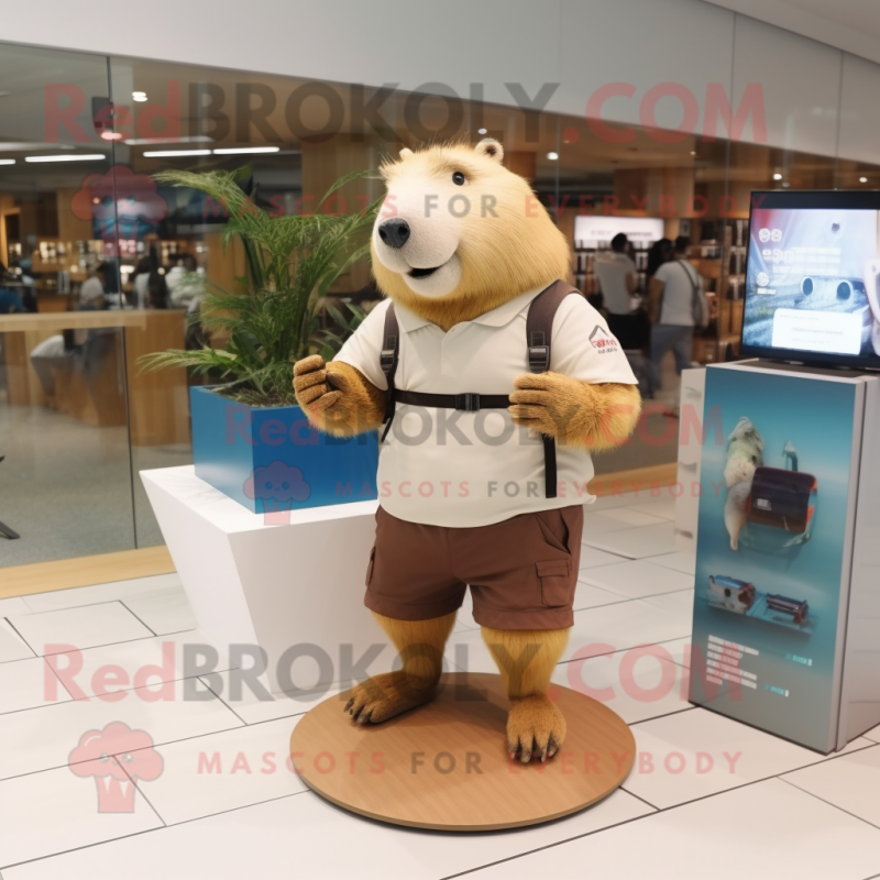 Beige Capybara mascot costume character dressed with a Cargo Shorts and Smartwatches