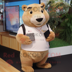 Beige Capybara mascot costume character dressed with a Cargo Shorts and Smartwatches