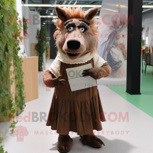 Brown Wild Boar mascot costume character dressed with a Maxi Dress and Eyeglasses
